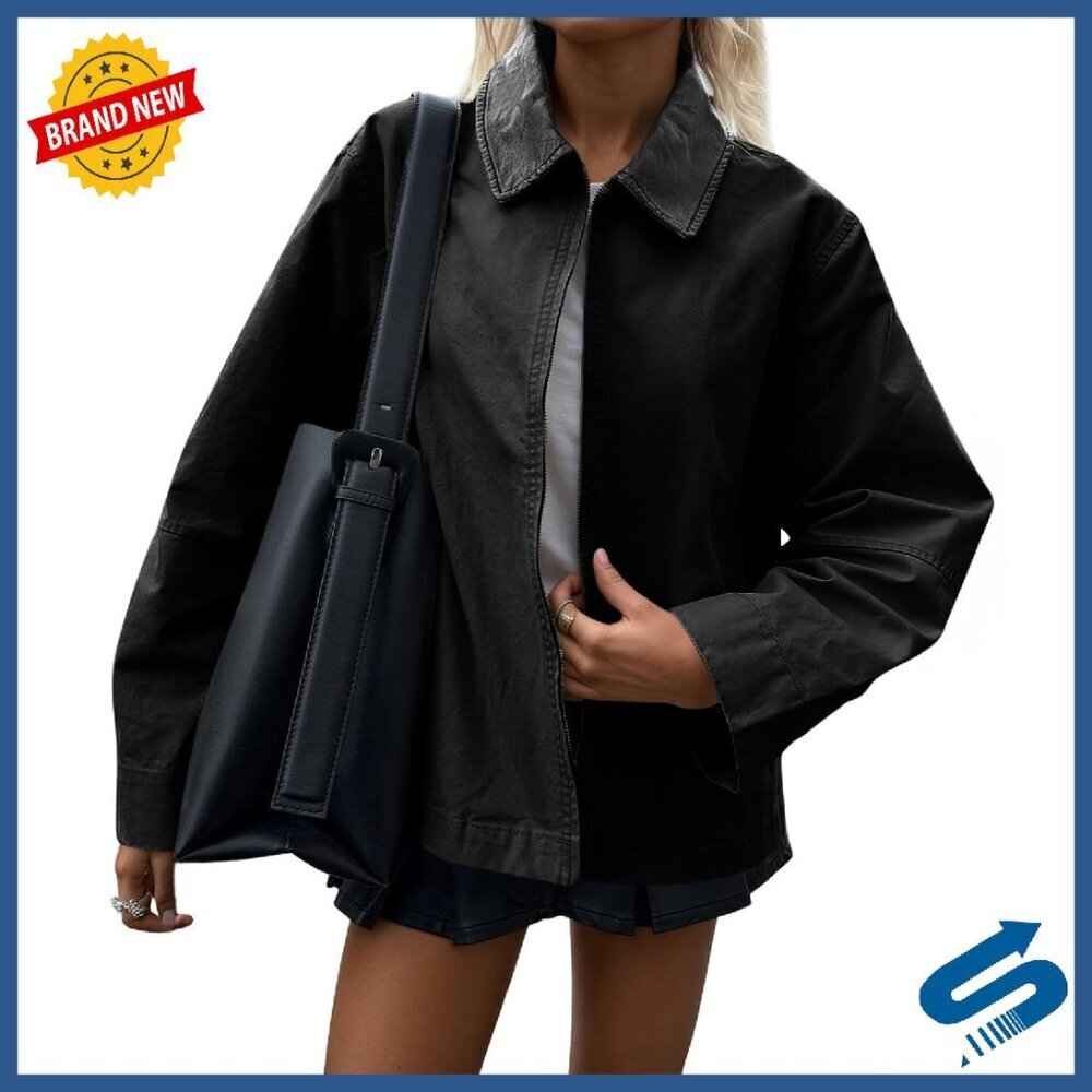 Oversized Cotton Canvas Barn Jacket Lightweight Casual Zip Up Coat